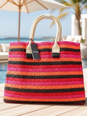 O bag Striped Woven Tote Bag